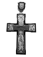 Крест деревянный с элементами серебра “Распятие.Ангел Серафим.Спас Нерукотворный.Икона Владимирской Богоматери.Святой Николай Чудотворец.Сергий Радонежский.Ангел Хранитель.”