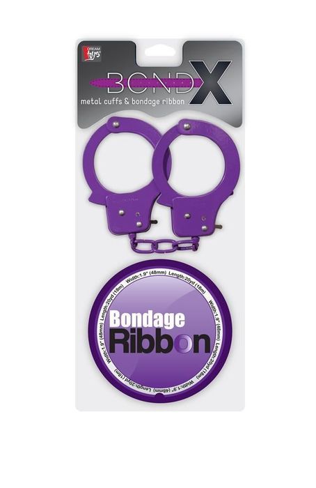 Набор для фиксации BONDX METAL CUFFS AND RIBBON: фиолетовые наручники из листового материала и липкая лента