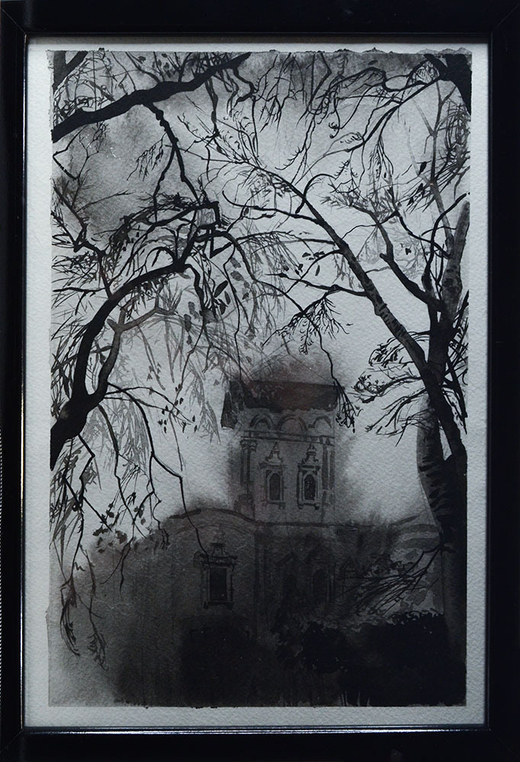 Шахматов Л.А  Симонов монастырь Тушь, бумага. 2018. Оформлено в раму. Размер 32,3х23,5 см