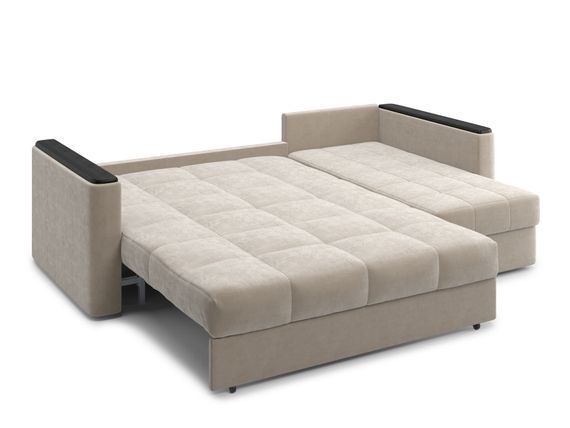 Диван угловой с оттоманкой Неаполь 1,2 - Velutto 17 бежевый/накладка венге