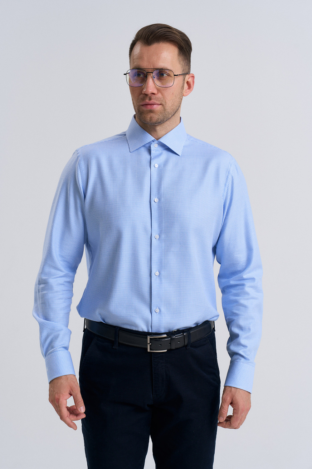 Сорочка мужская VESTER длинный рукав, голубая в микроклетку, хлопок лиоцелл 55641 09