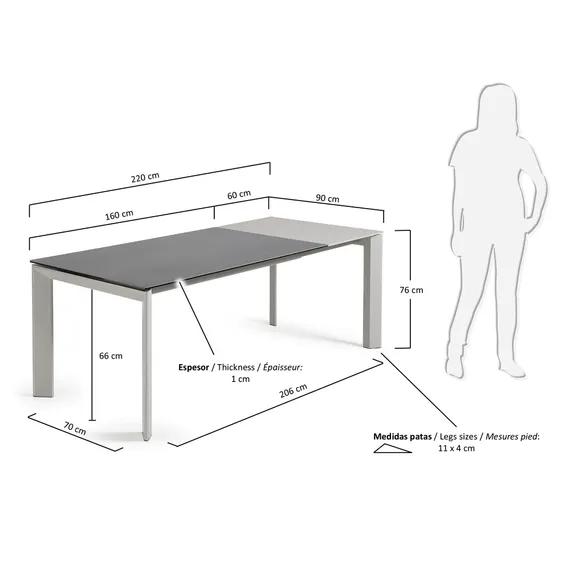 Стол Atta 160 (220) x90 серый керамический