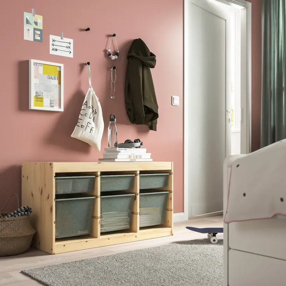 Стеллаж - IKEA TROFAST, 93х44х52 см, сосна/серо-зеленый, ТРУФАСТ ИКЕА