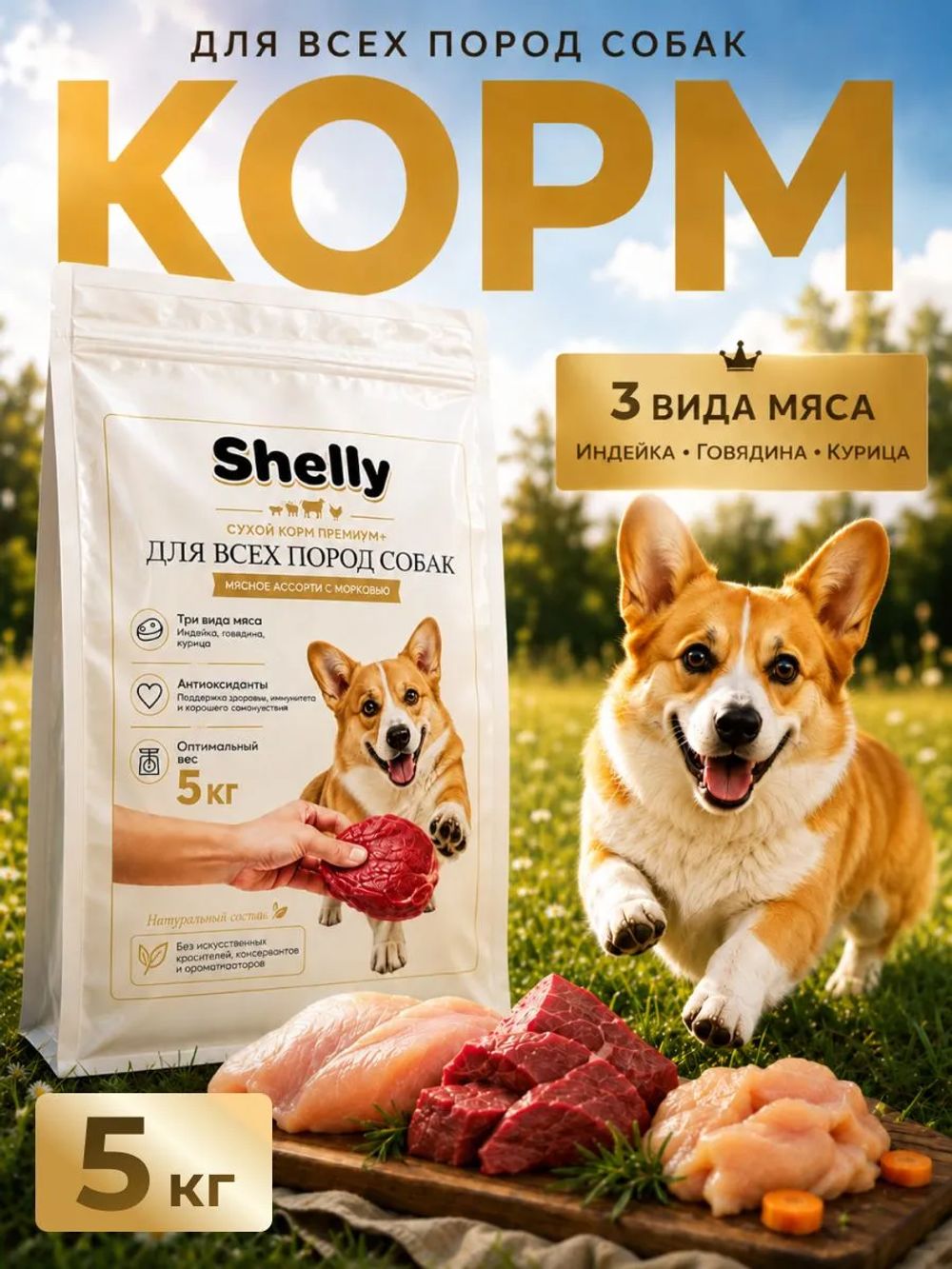 Сухой корм Shelly для взрослых собак мясное ассорти с морковью