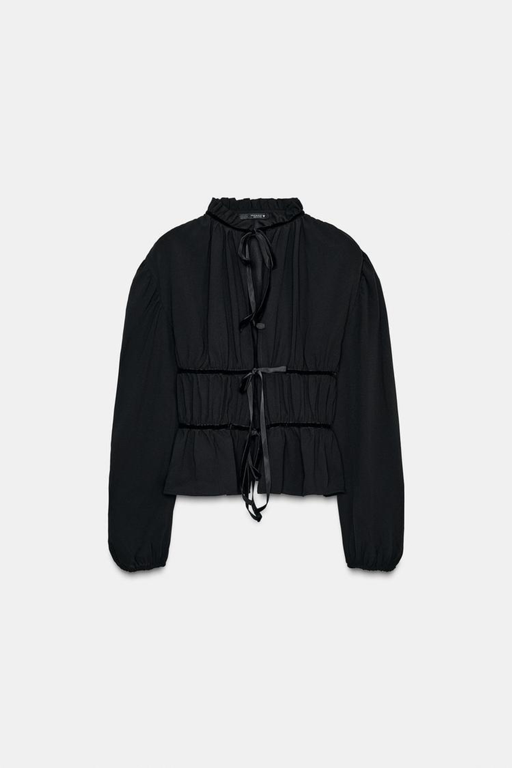 ZARA БЛУЗА ИЗ КРЕПА С БАРХАТНЫМИ БАНТАМИ, ЧЕРНЫЙ