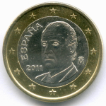 1 евро 2011 год. Испания. Регулярный выпуск. Тип 3. Биметалл AUNC