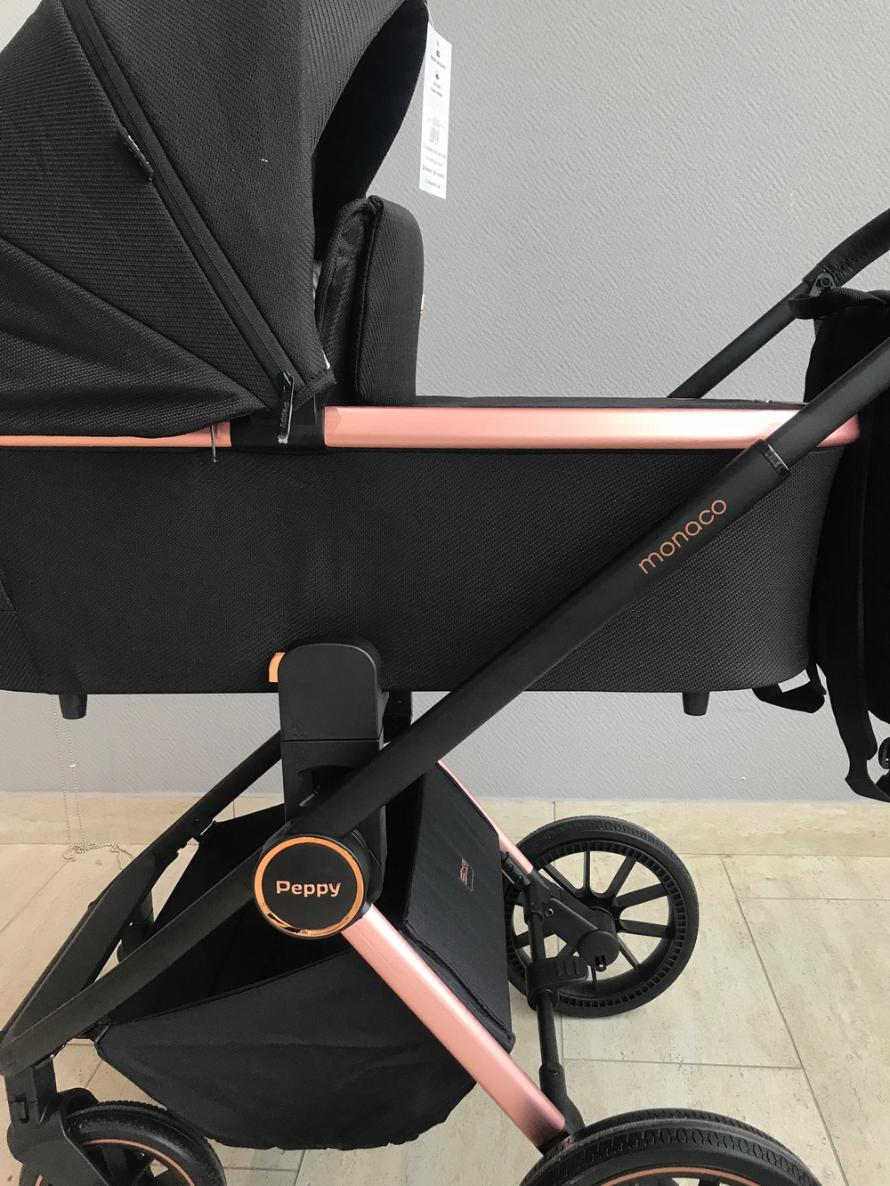 Коляска детская Peppy Monaco 2 в 1 GP Rose Black (черный), рама черн-золотая, шлифованный алюминий