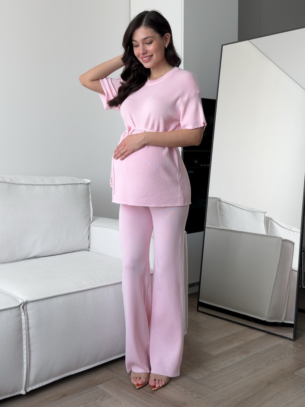 Комплект вязаный, удлиненная футболка на завязке и брюки