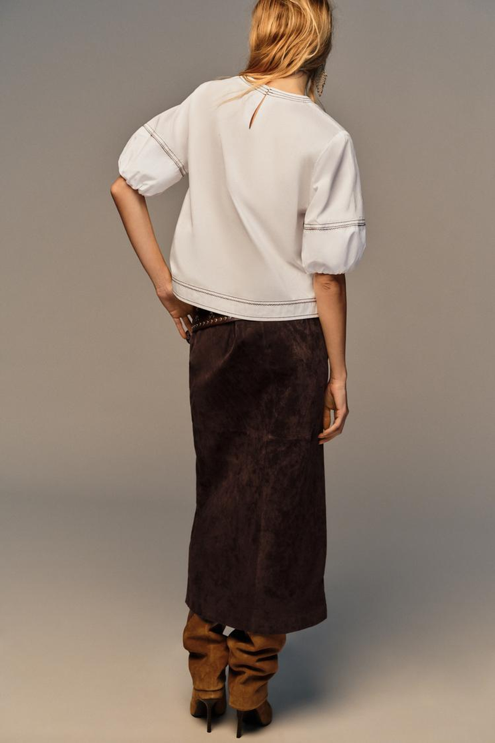 ZARA РУБАШКА С ДЕКОРАТИВНОЙ СТРОЧКОЙ И РУКАВАМИ-БУФАМИ, БЕЛЫЙ