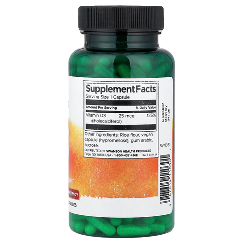 Swanson, витамин D3, высокоактивный, 25 мкг (1000 МЕ), 250 капсул