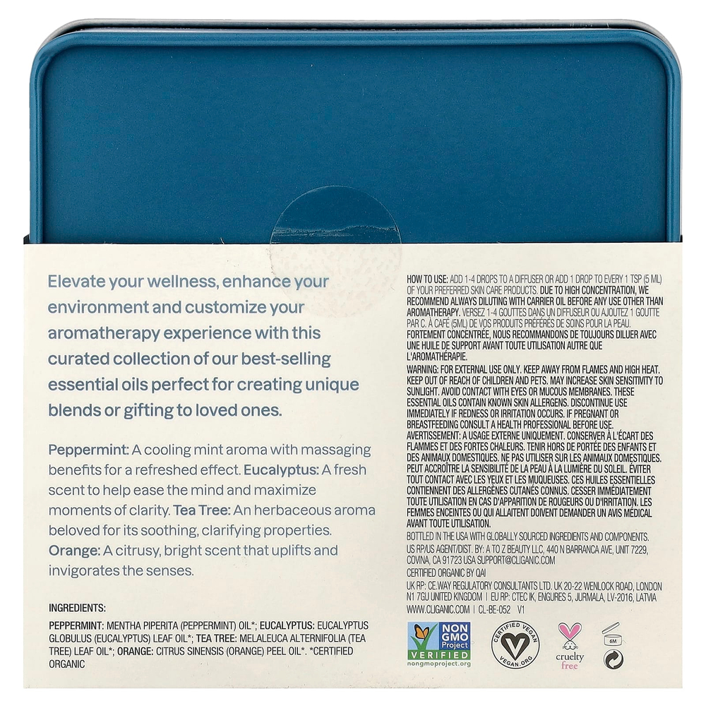 Cliganic, The Basics, набор для ароматерапии с эфирными маслами, набор из 4 предметов