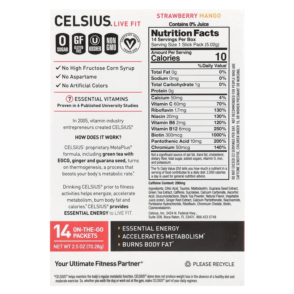 Celsius, Live Fit, клубника и манго, 14 пакетиков по 5,02 г (0,18 унции)