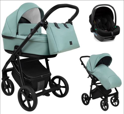 Детская коляска Roan Esso 2025 Кожа 3 в 1 с автокреслом Tutis Elo Lux Black ESSK/214/1 Misti Mint/Grey/руч.Черный