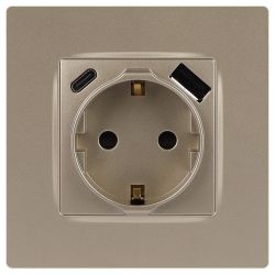 Розетка ЭРА Серия 12 12-4108-04 2P+E 16A-250В со шторками с USB type-A+C 5В-3А шампань | Эра 12
