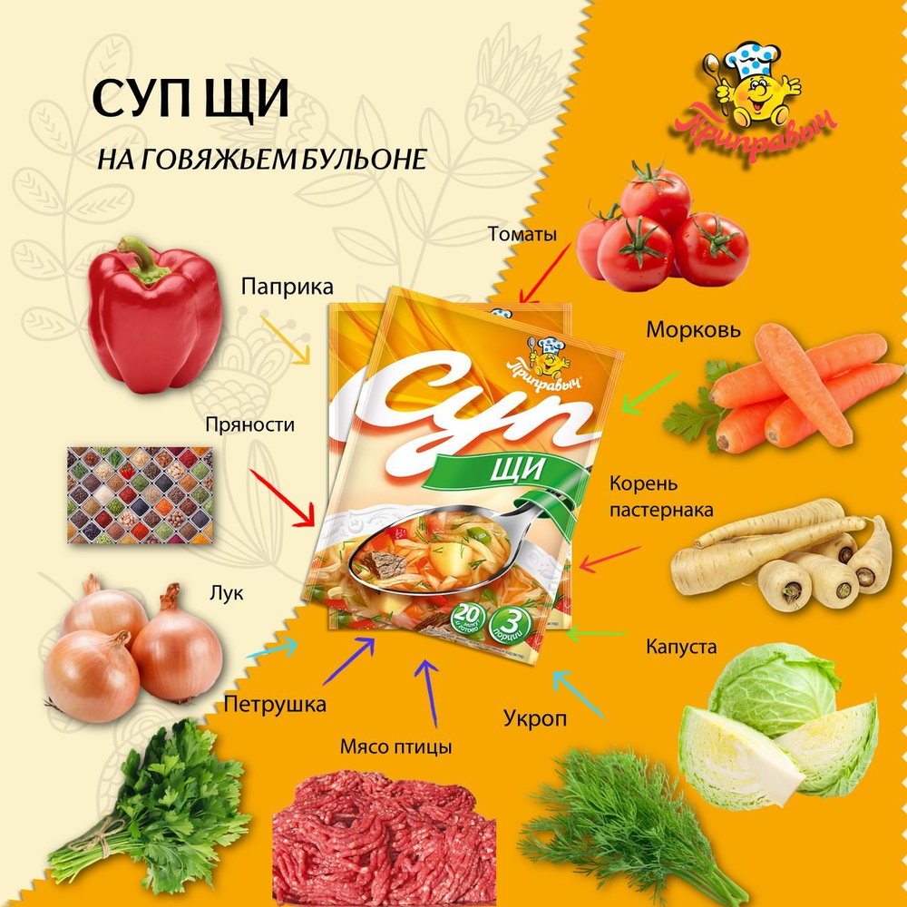 Суп быстрого приготовления Щи на говяжьем бульоне Приправыч 50гр. 15 шт. 45 порций