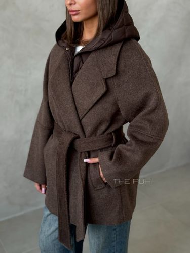 Шоколадное шерстяное пальто с утепленным жилетом