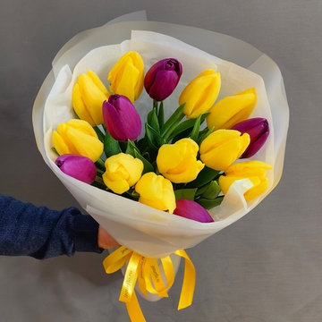 Букет из 15 желтых и фиолетовых тюльпанов
