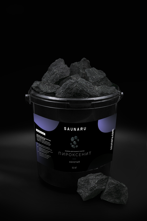 SAUNARU Камни для сауны Пироксенит колотый PREMIUM, фракция до 100 мм, ведро 15 кг, артикул SSB15-PC