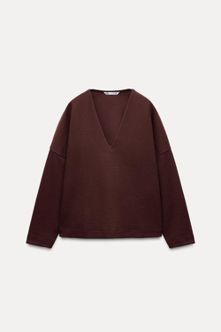 ZARA ТОП ИЗ ИНТЕРЛОКА С V-ОБРАЗНЫМ ВЫРЕЗОМ, БОРДОВЫЙ
