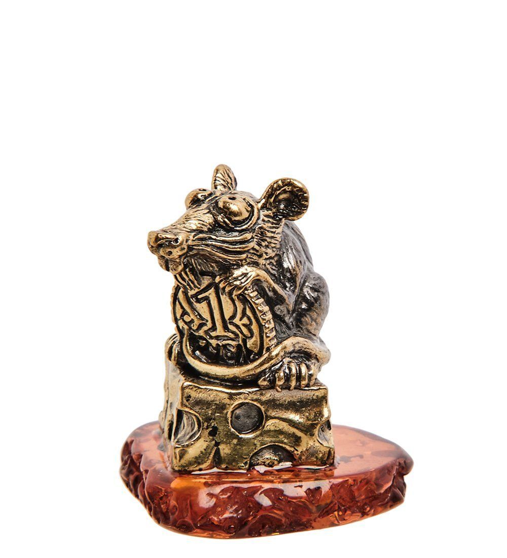 Народные промыслы AM- 470 Фигурка «Мышь денежная на сыре» (латунь, янтарь)