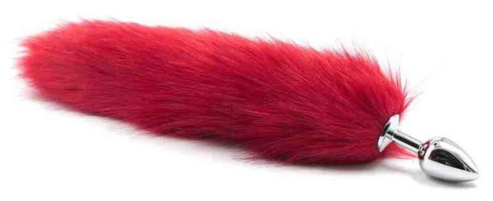 Серебристая анальная пробка с длинным красным хвостиком (Цвет: красный)