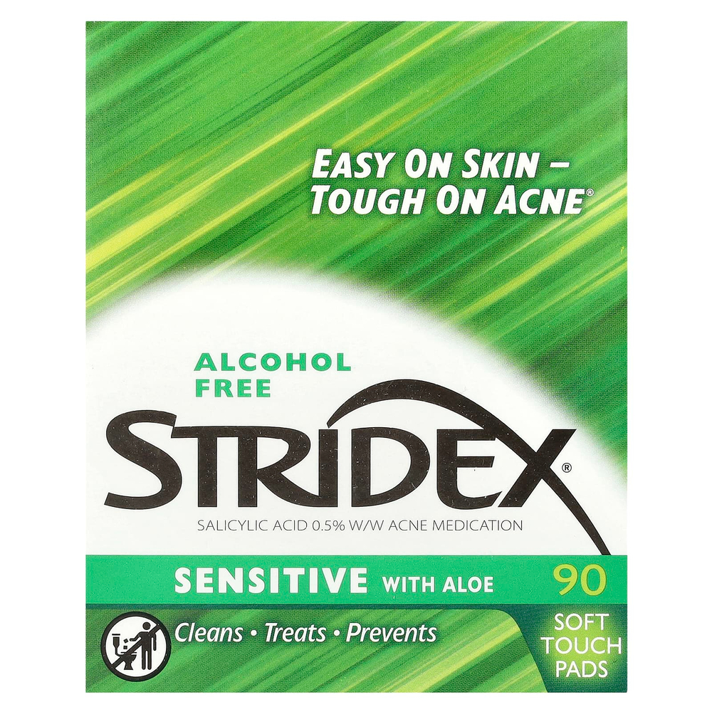 Stridex, Sensitive с алоэ, без спирта, 90 мягких салфеток