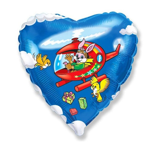 Шар сердце 46 см Заяц на вертолёте