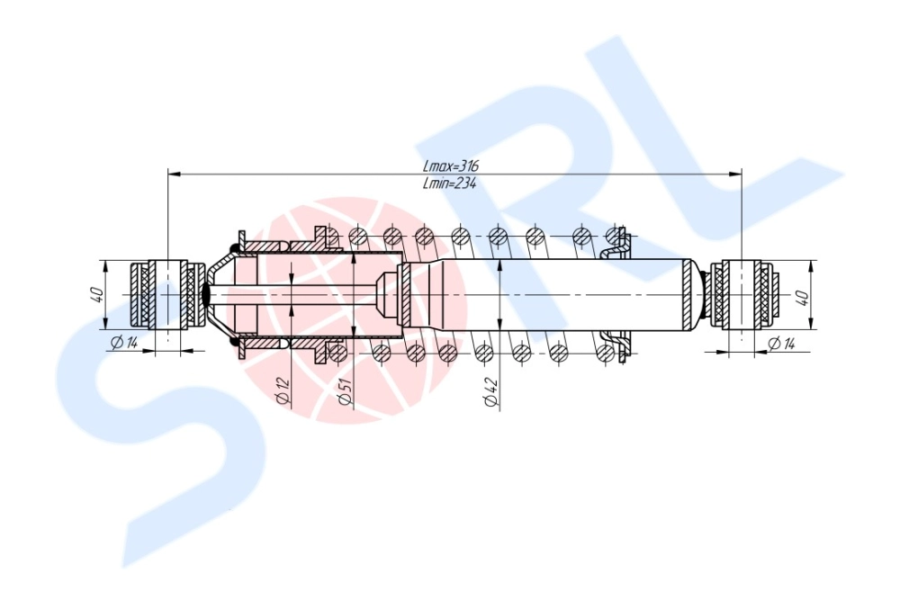 Амортизатор кабины пружинный 234/316, O/O, 14x40/14x40 DAF (CB0013) SORL