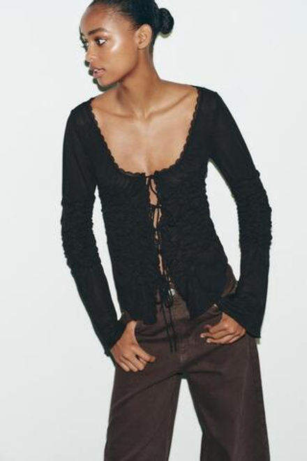 ZARA ТОП С ЗАВЯЗКАМИ И ЭЛАСТИЧНЫМИ СБОРКАМИ, ЧЕРНЫЙ