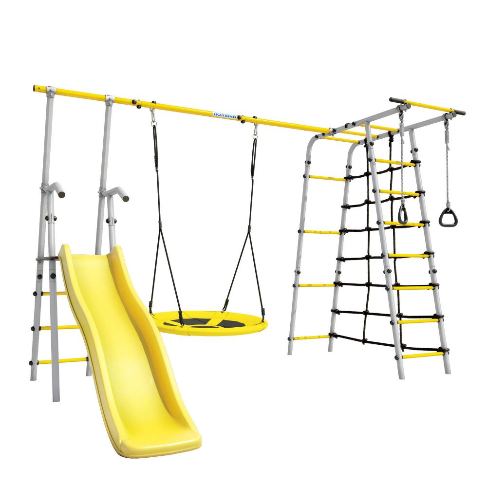 Детский спортивный комплекс для дачи ROMANA Богатырь мини Плюс 2 (желтый/серый) (Качели гнездо 100см)