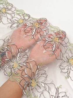 Кружево вышивка на сетке цвет мультиколор (фисташковый, шоколад, желтый, белый) неэластичная ширина 27 см