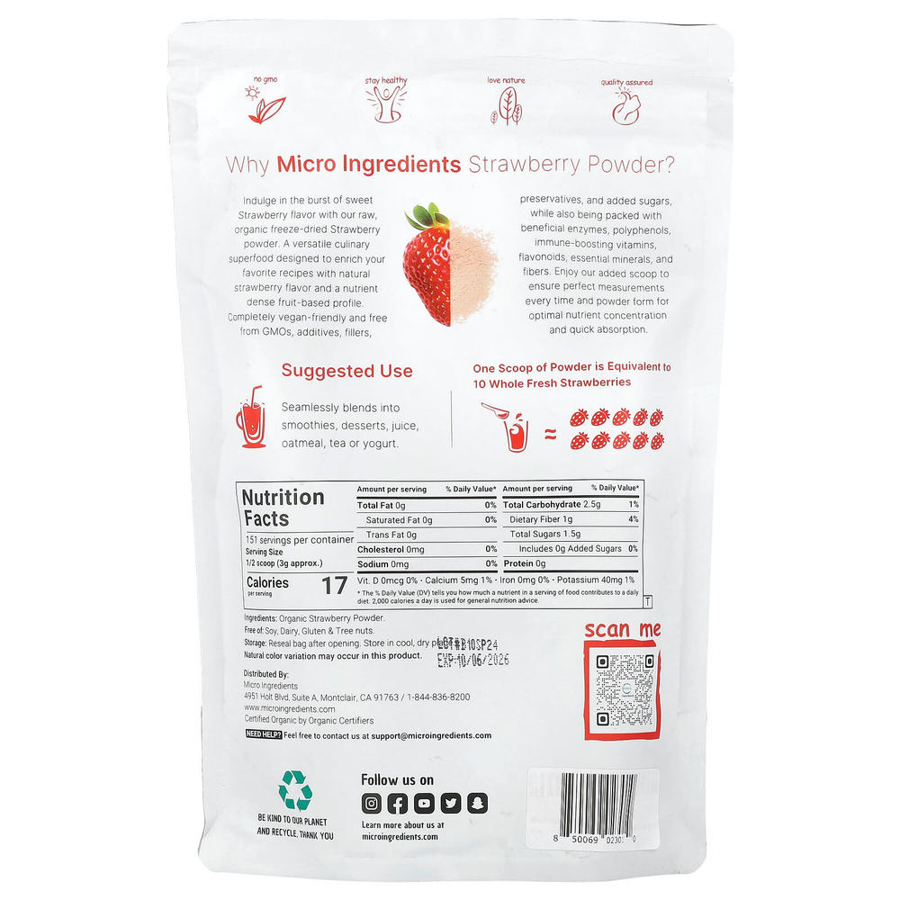 Micro Ingredients, Органический клубничный порошок, 454 г (1 фунт)