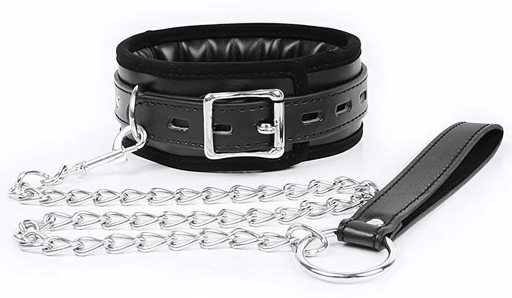 Черный ошейник на металлическом поводке с ручкой-петлей (Цвет: черный)