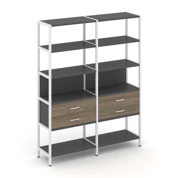 Shelf System Двухсекционный стеллаж пятиярусный с ящиками SN.STM-522 Антрацит/Вяз Благородный/Металл