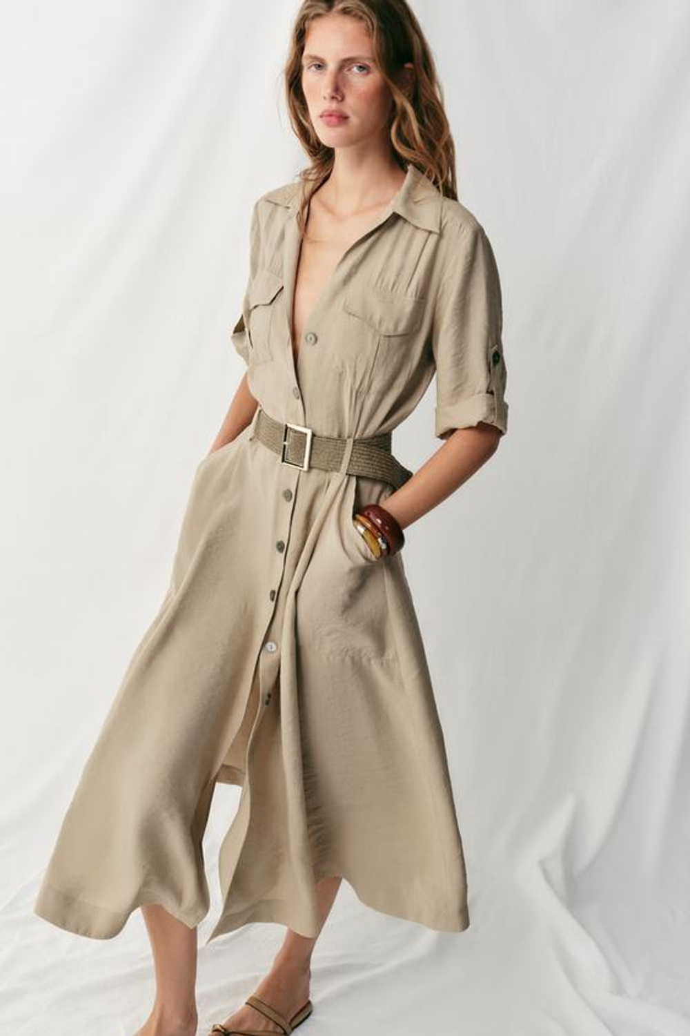 ZARA ПЛАТЬЕ-РУБАШКА МИДИ С РЕМНЕМ, РЫЖЕВАТО-КОРИЧНЕВЫЙ