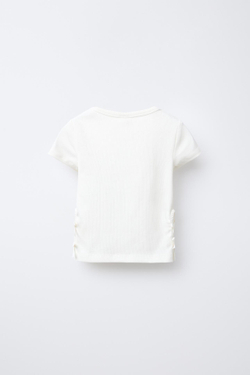 ZARA ФУТБОЛКА В РУБЧИК С ВЫРЕЗОМ И БАНТАМИ, БЕЛЫЙ