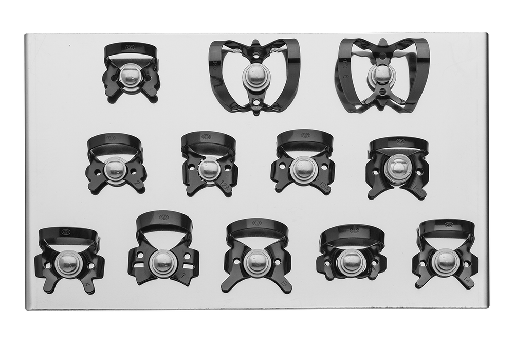 Набор коффердам (раббердам) BlackMatt 12: подставка металлическая для 12 кламп коффердам с черными клампами KSK (Dentech Corporation, Япония) купить на kofferdam.pro