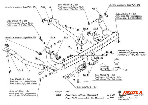 Фаркоп IMIOLA P.016 Citroen Evasion 1994-2001, Citroen Jumpy 1994-2006, FIAT Scudo 1994-2006, FIAT Ulysse 1994-2001, Lancia Zeta 1994-2001, Peugeot 806 1994-2002, Peugeot Expert 1994-2006(паспорт и сертификат в комплекте)(без электрики)