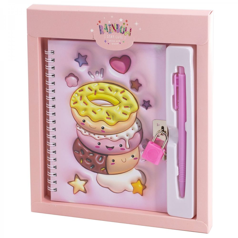 Блокнот в футляре, 19,5 см * 22,5 см, гребень, Alingar, ламинация, эффект 3D, ручка, замочек, клетка, 45 л., &quot;Сладости&quot;, персиковый