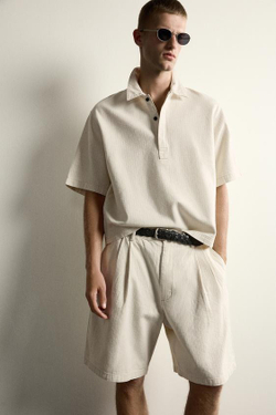 ZARA ШОРТЫ WIDE FIT В ПОЛОСКУ СО СКЛАДКАМИ, ЭКРЮ