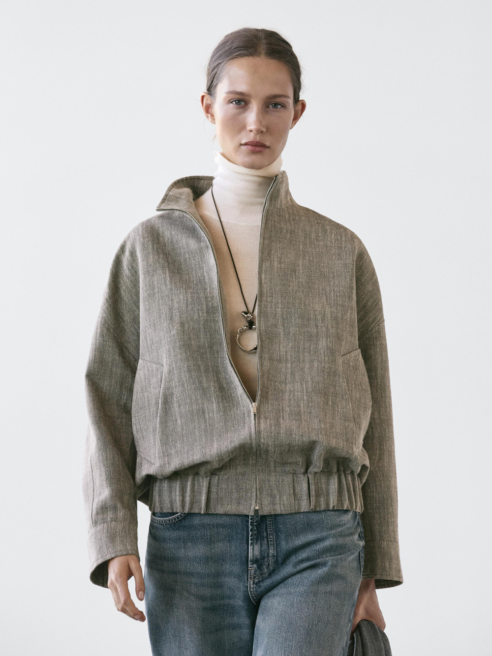 Massimo Dutti Куртка-бомбер в крапинку с шарфом, серый