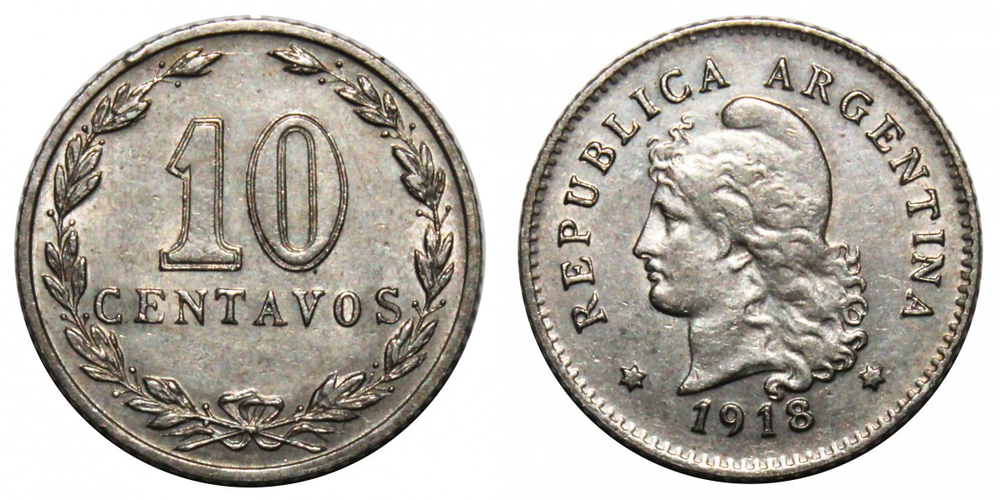 Аргентина 10 сентаво, 1896 - 1942 Свобода XF