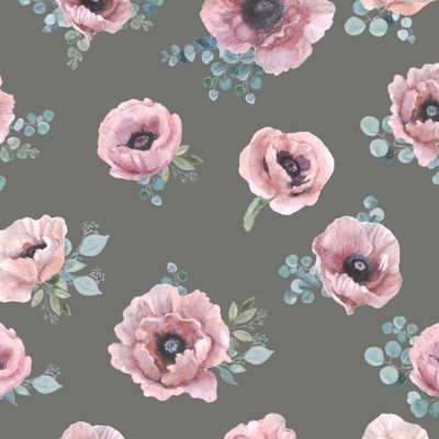 Акварельные розовые маки  и эвкалипт на темном фоне