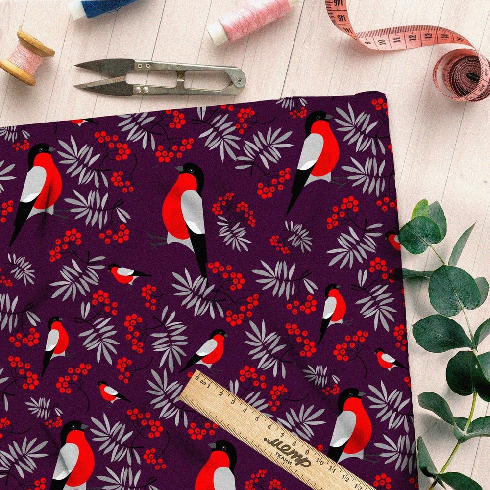 Ткань габардин снегири с ветками рябины