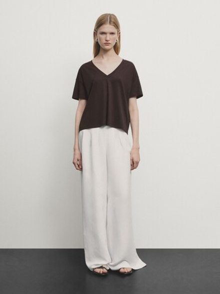 Massimo Dutti Футболка из хлопка с V-образным вырезом, коричневый