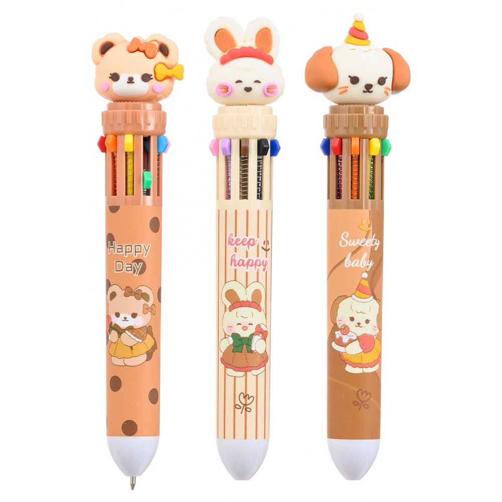 Ручка шариковая, автоматическая, 10в1, Basir, серия "HAPPY DAY", 10-ти цветная, с резиновой фигуркой, 36 шт