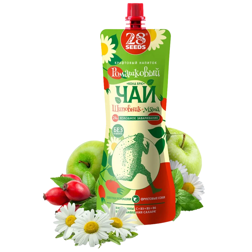 Ромашковый чай «Колд брю» Шиповник и Мята 28SEEDS, 250 мл, дой-пак на фоне ромашки, плодов шиповника и листьев мяты
