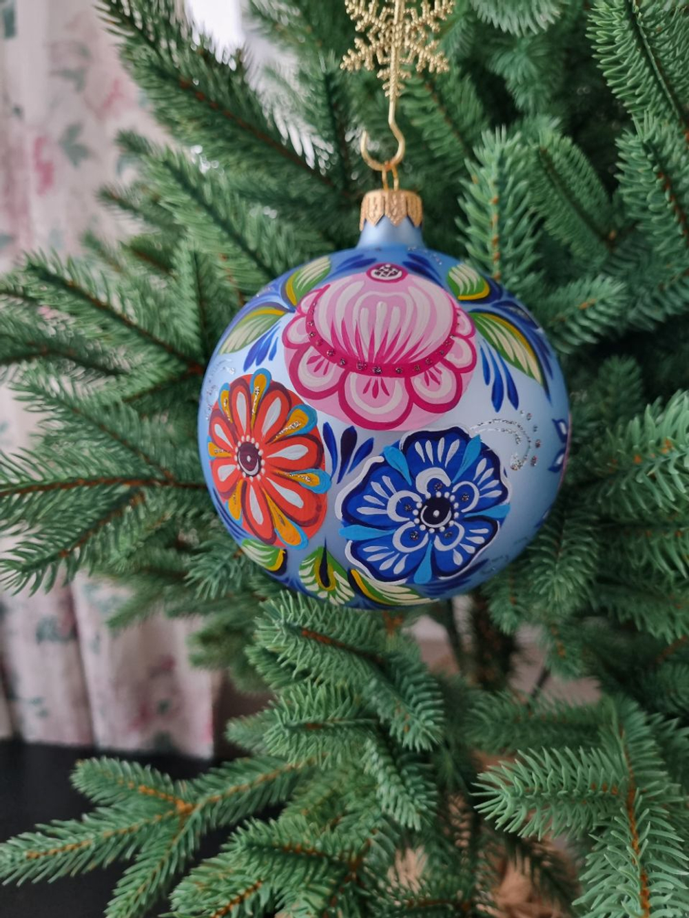 Шар стеклянный "Городецкая роспись, цветы" ручная работа