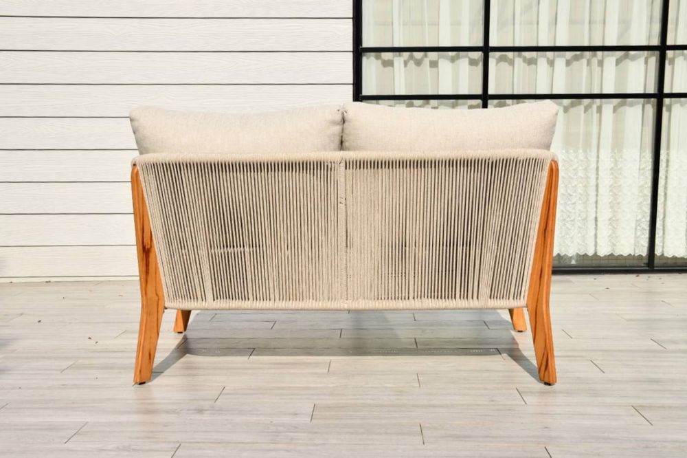 "Сидней" диван 2-местный плетеный из роупа, основание тик, каркас алюминий бежевый, роуп бежевый, ткань бежевая