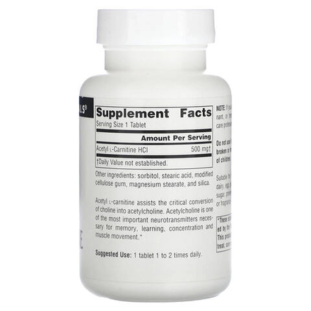 Source Naturals, ацетил-L-карнитин, 500 мг, 60 таблеток